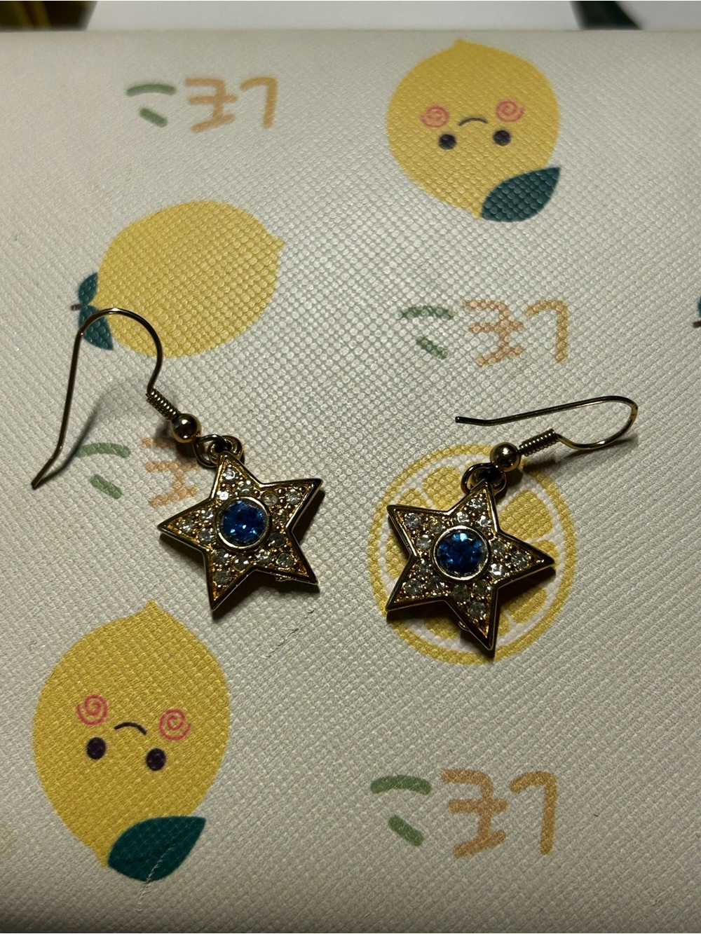 Gold-Tone Star Drop Earrings Blue Rhinestone Celestial